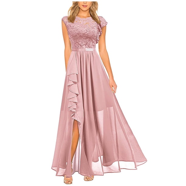 ¡Oferta de vestidos de fiesta! Vestidos Umfun para invitadas de boda, de encaje, patchwork, lisos, cuello redondo, sin mangas, vestido largo, el mejor regalo para festivales, rosa XL.