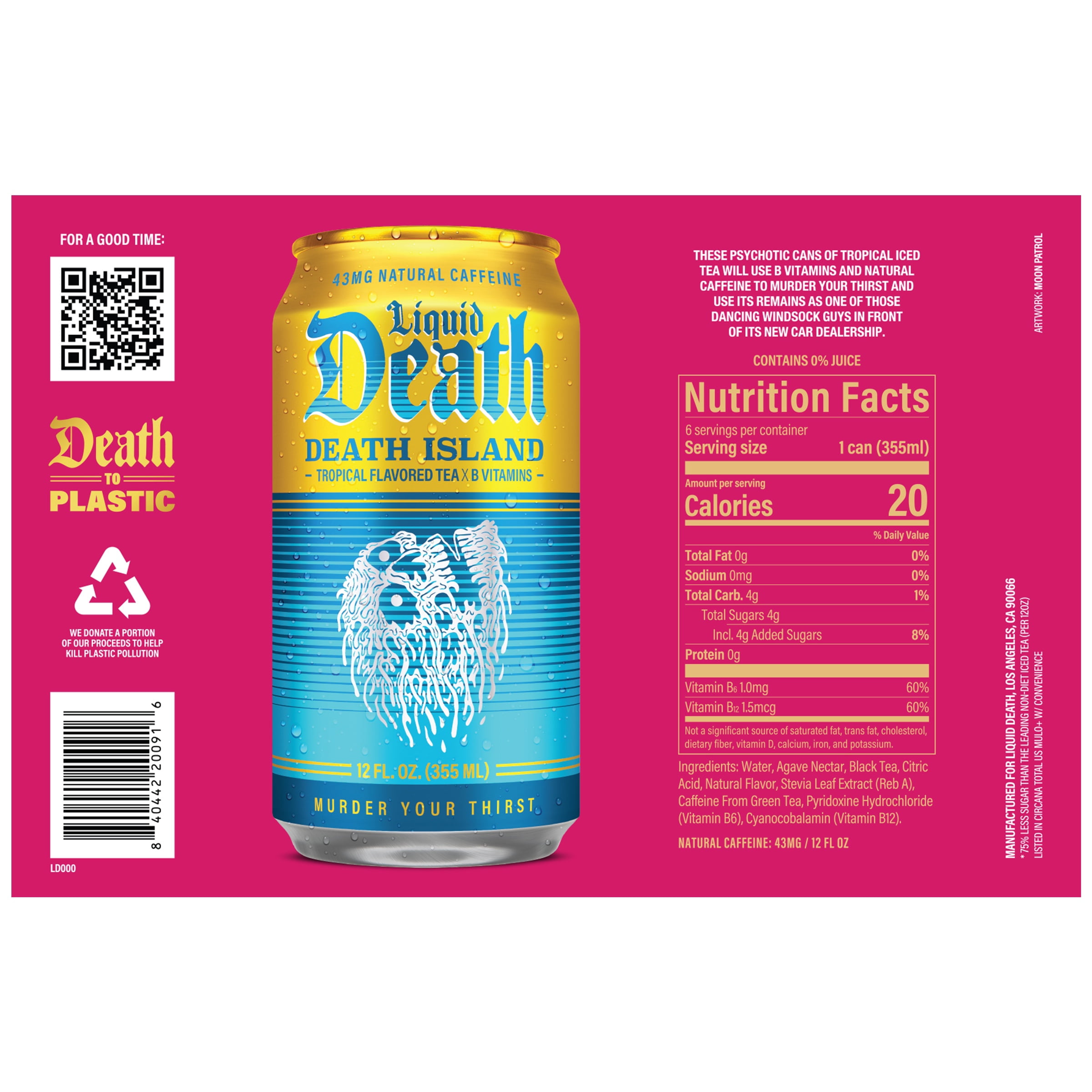 Liquid Death, Death Island Tropical Flavored Iced Tea, 6-Pack (12 fl oz Cans), Less Sugar*, Boost of Caffeine, B Vitamins, No Artificial Sweeteners