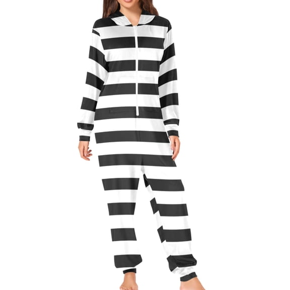 Black White Horizontal Narrow Stripes Adult's Hoodie Onesie Jumpsuit One-Piece Pajamas with Zipper Unisex for Holiday S