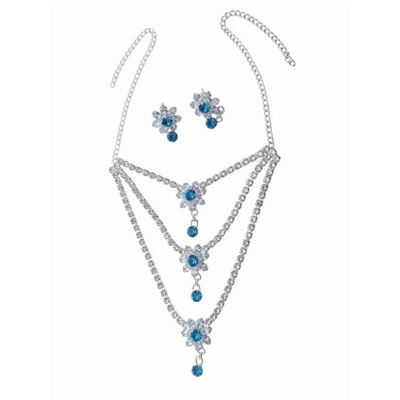 RK Art Jewelry - Women's Blue Crystal Layered Necklace Set with Earrings, Floral Statement Jewelry for Party & Wedding Wear