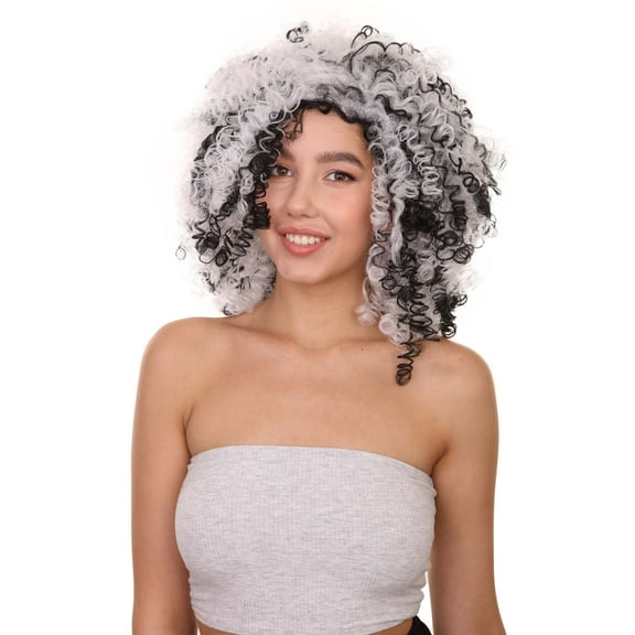 HPO Adult Witch Two-tone Women's Wig | Curly Horror Black And White Wig | Premium Breathable Capless Cap