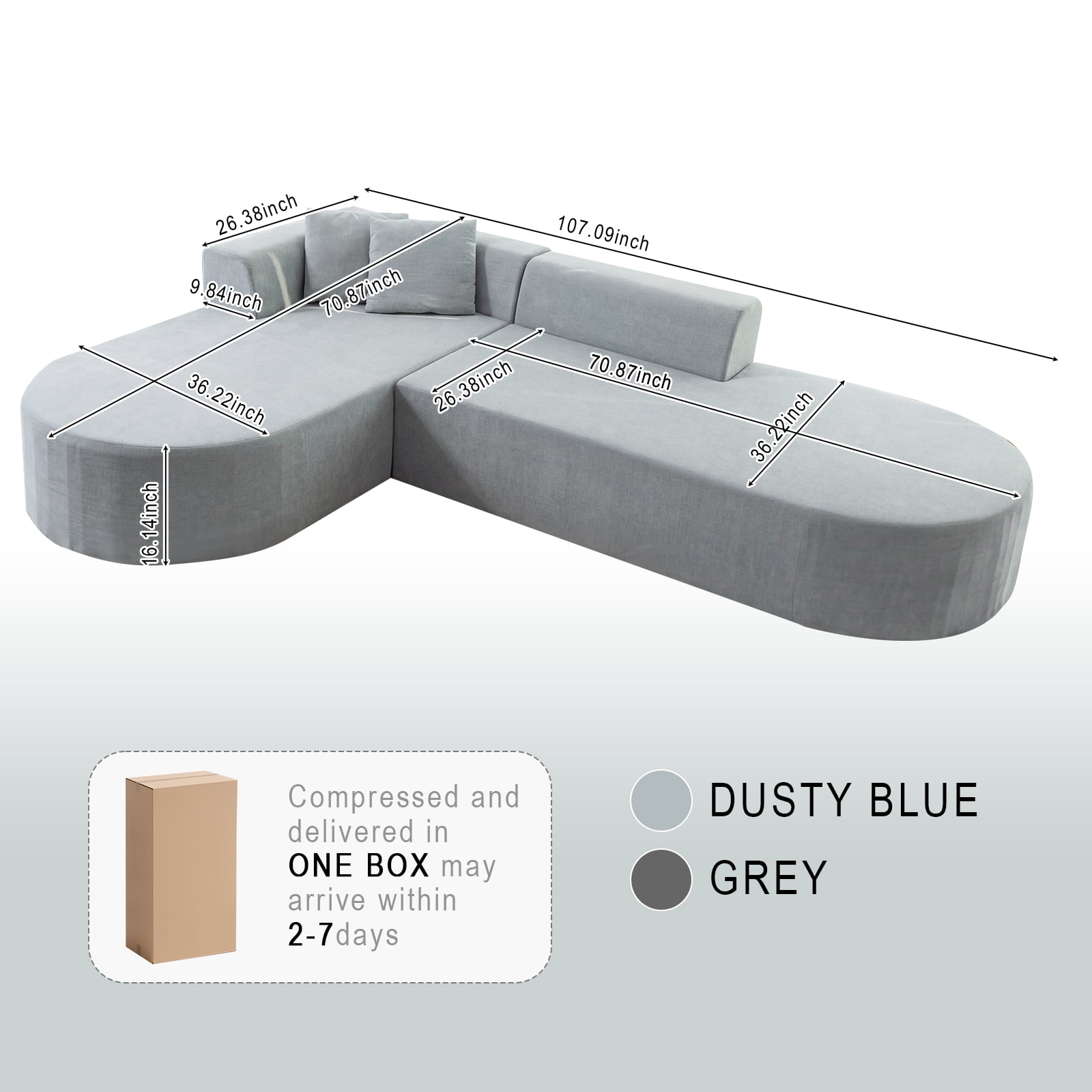 GARITIN L Shaped Modular, Corduroy Armless Couch with Deep Seats & Movable Sectional Sofa Ottoman Fabric, High-Resilience Foam, 107", Grey