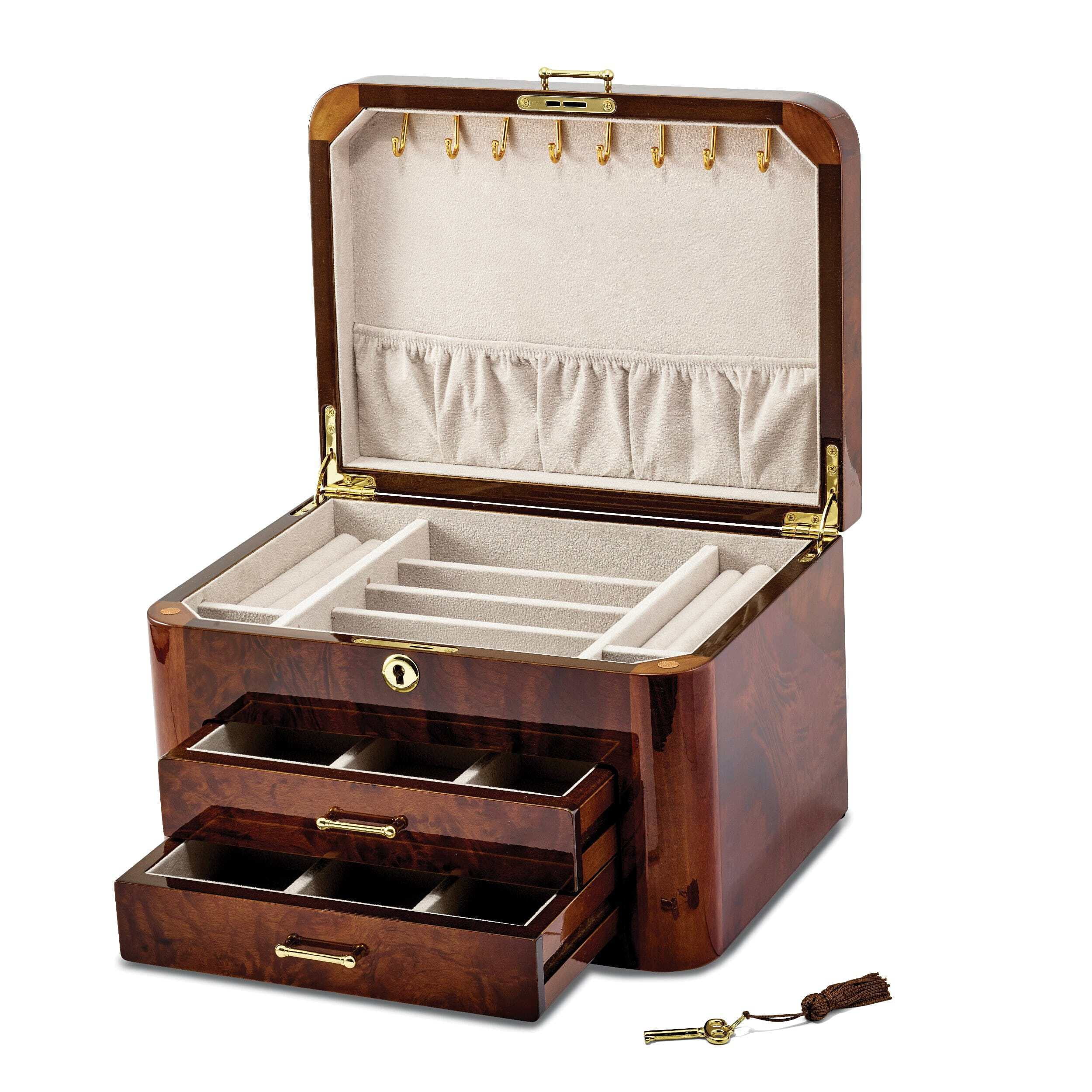 Luxury Giftware by Jere High Gloss Elm Burl Veneer with Double Braided Accents 2-drawer Locking Wooden Jewelry Box QJJB245