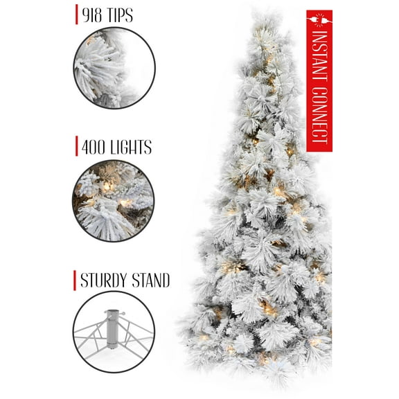 Pre-lit Slim Snow Flocked Atka Christmas Tree with Metal Stand and Instant Connect