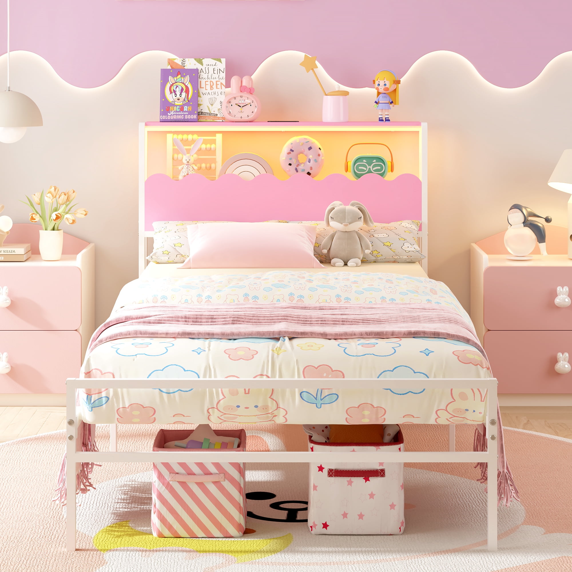 Yoneston Girl’s Twin Size Metal Platform Bed with Wave Shaped 2-Tier Storage Headboard, LED Light & Power Station for Kids, Teens, Pink & White