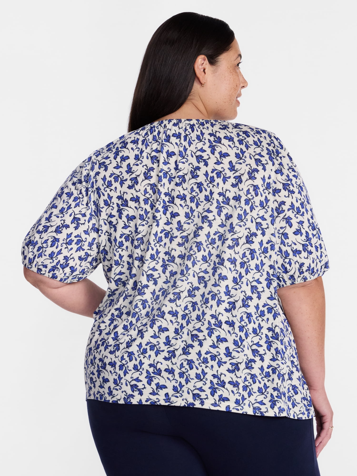 Terra & Sky Women's Plus Scoop Neck Top with Short Puff Sleeves, Sizes 0X-5X