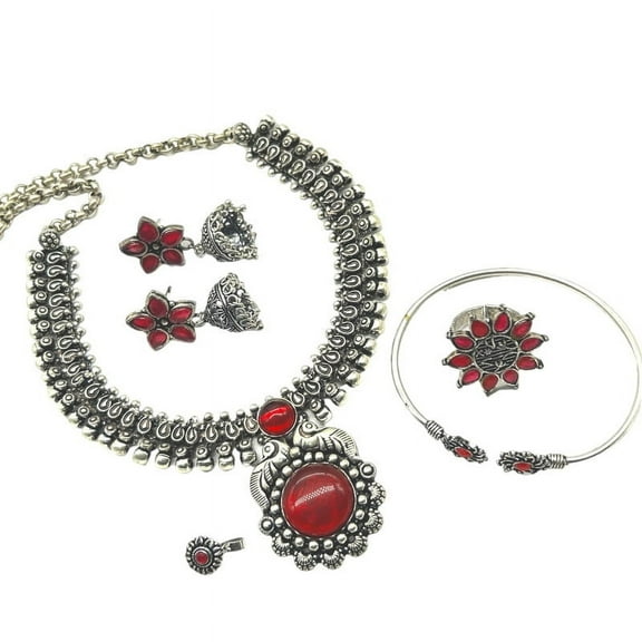Kajaro Designs Jewels Indian oxidized jewelry set for women| Oxidized jewelry combo neklace, bracelet, nosepin, ring& earrings | Perfect gift for wife | Navratri jewelry