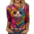 thumbnail image 2 of Ounisa 2025 Womens 3/4 Sleeve Tops Mardi Gras Outfit for Women Fashion Round Neck Clothes Cute Cat Printed Blouse, 2 of 7