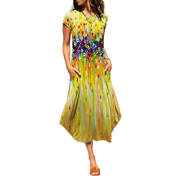WISEFIN Women's Vocation Midi Length Floral Print Short Sleeve Casual Dress