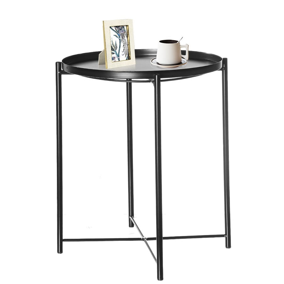 Black Round End Table， 2 Tier Metal Sofa Side Table with Removable Tray Foldable Accent Coffee Table for Small Spaces,Bedroom,Patio 