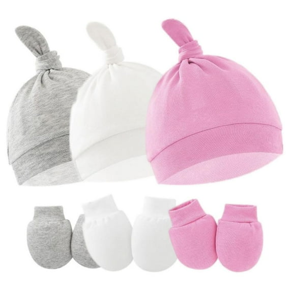 Uccdo 3 Pack Baby Hats and Mittens Set for 0-6 Months Newborn Baby Girls Boys Cotton Knotted Beanies Caps with Baby Mittens