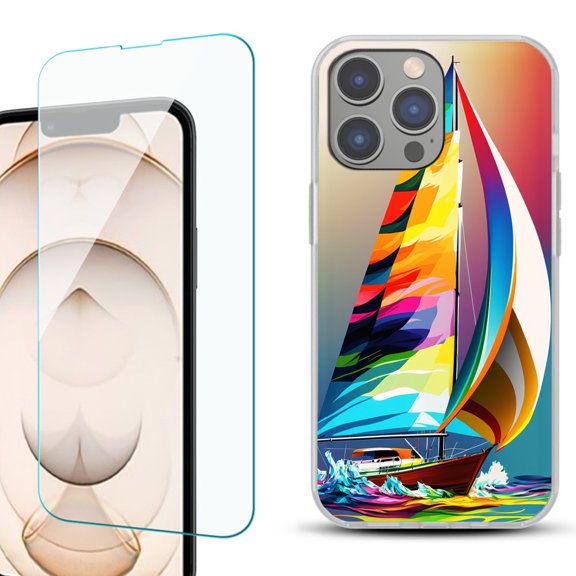 Slim-Fit TPU Phone Case for iPhone 14 Pro, with Tempered Glass Screen Protector, by OneToughShield ® - Sailing