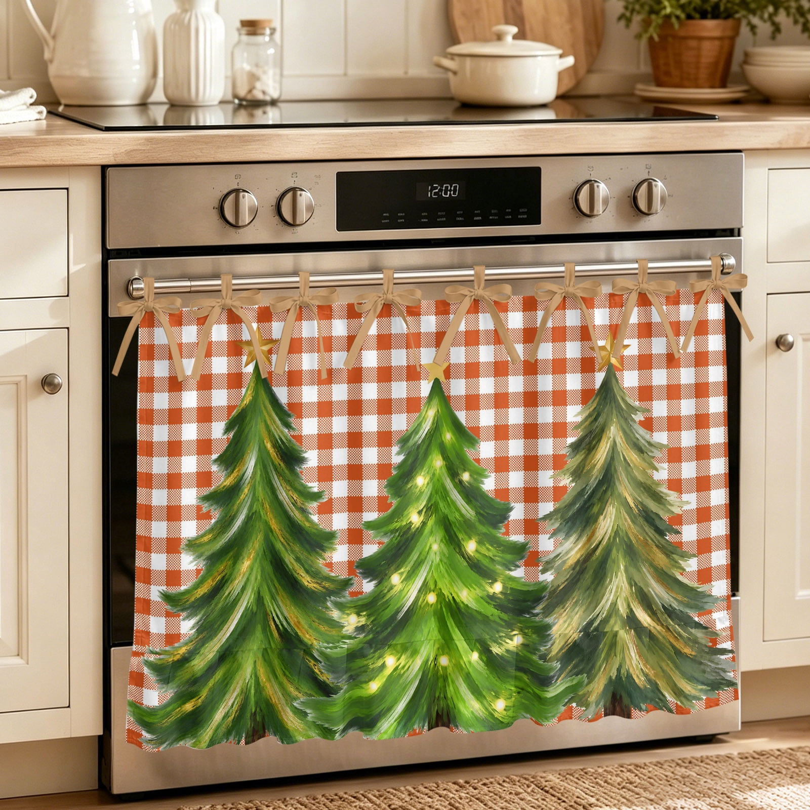Oven Curtain for Kitchen Green Christmas Trees Stove Curtain With Ruffled Trim Dishwasher Curtains Red White Plaid Background Oven Skirt 30 x21.5