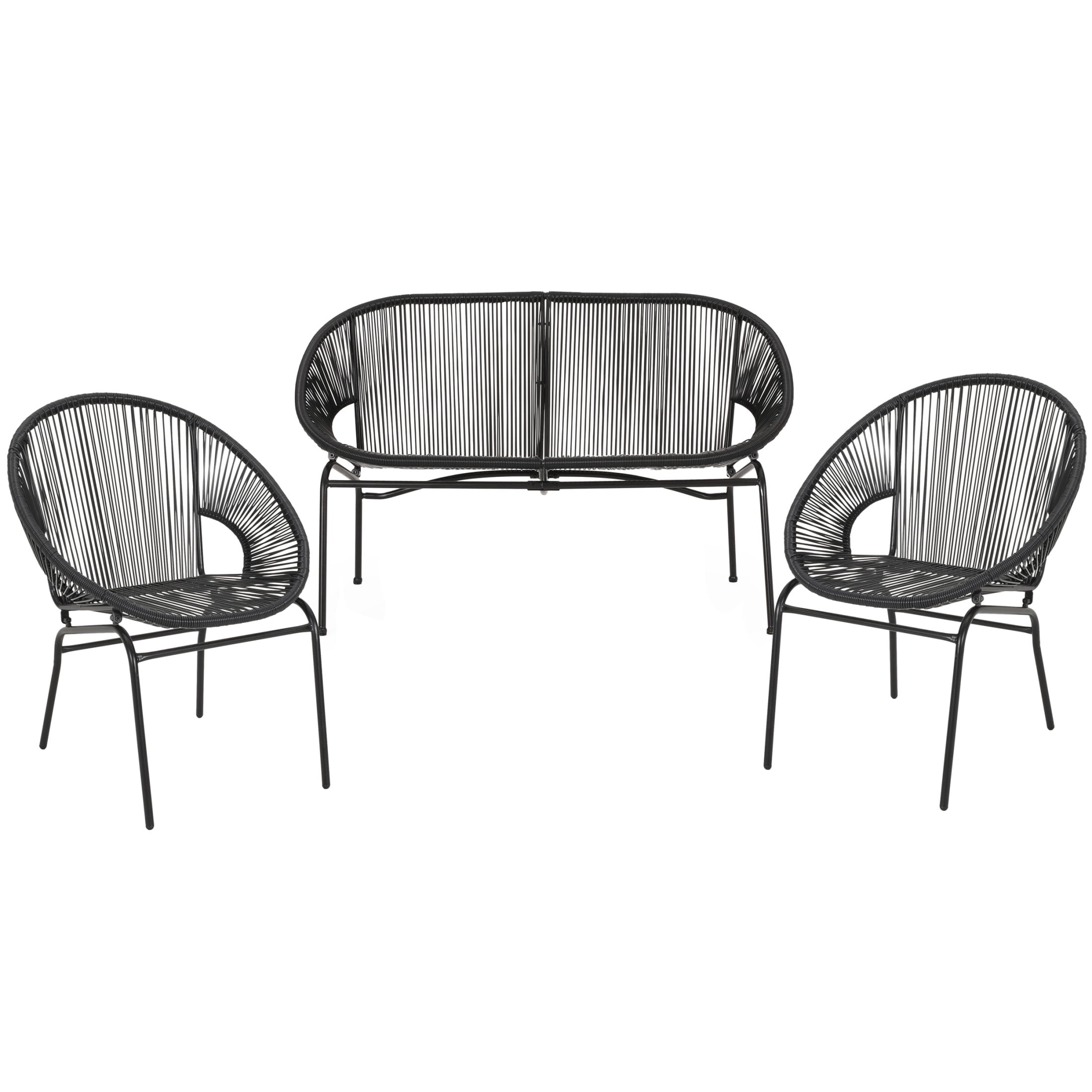 Christopher Knight Home 3-Piece Outdoor Patio Chat Set, Woven Rattan Club Chairs & Loveseat with Iron Frame, Black