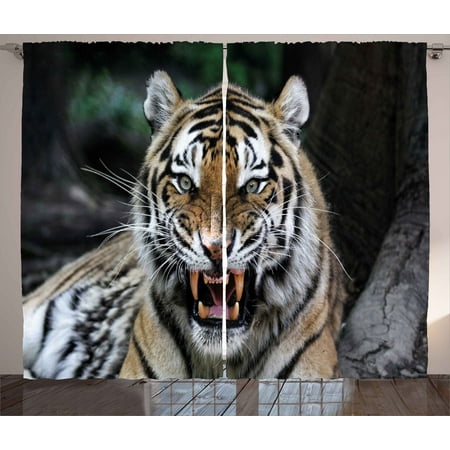 Tiger Living Room Curtains African Curtains 2 Panels Set, Tiger Face with Roaring Wildlife Safari Savannah Animal Nature Zoo Photo Print, Window Drapes for Living Room Bedroom, 108W X 90L Inches, Multicolor, by Ambesonne ()