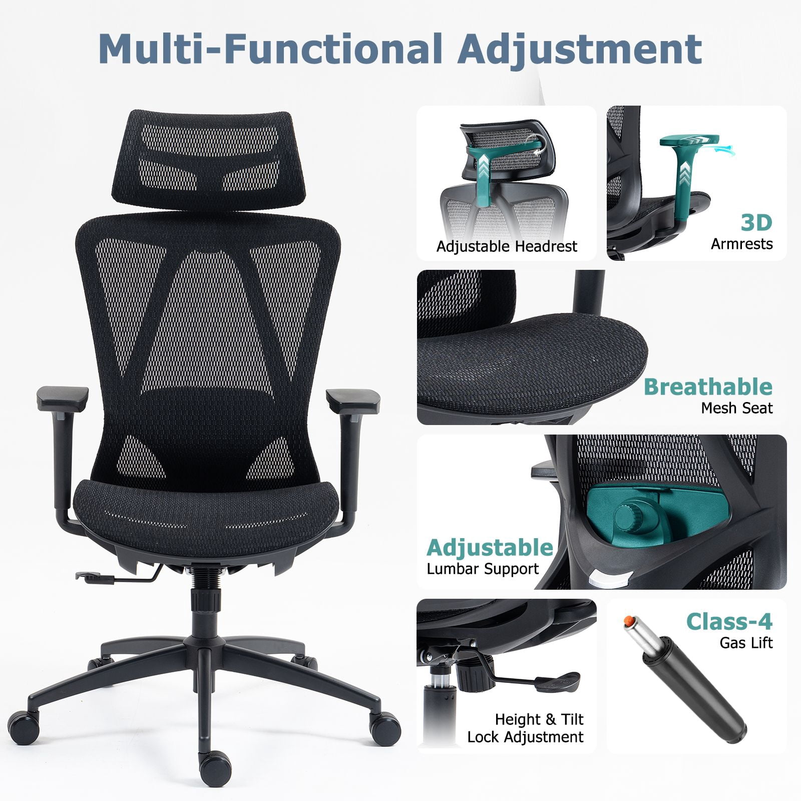 Ergonomic High Back Mesh Office Chair Adjustable Headrest Lumbar Support Swivel Desk Chair