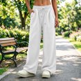 thumbnail image 5 of Womens Loose Casual Wide Leg Pants Solid Elastic Drawstring Waist Sweat Trousers with Pockets, Breathable Comfy Bottoms for Indoor Rest and Outdoor Activities S-3XL White, 5 of 7