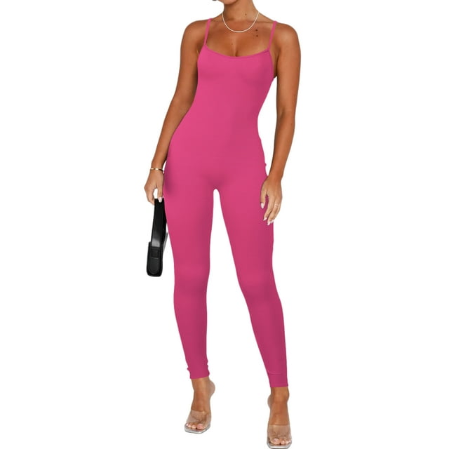 Bellella Combinaisons pour Femmes Col Rond Pantalon Long Combinaison Extensible Décontractée Bretelles Spaghetti une Pièce Femme 2831 Rose Rouge G