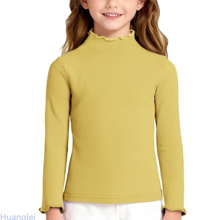 Huanglei Soft Girls Long Sleeve Top With Neck And Lace Trim Cozy Brushed Tee For Toddler And Kid Casual Wear Crew Neck Tops 7-8 Years Yellow
