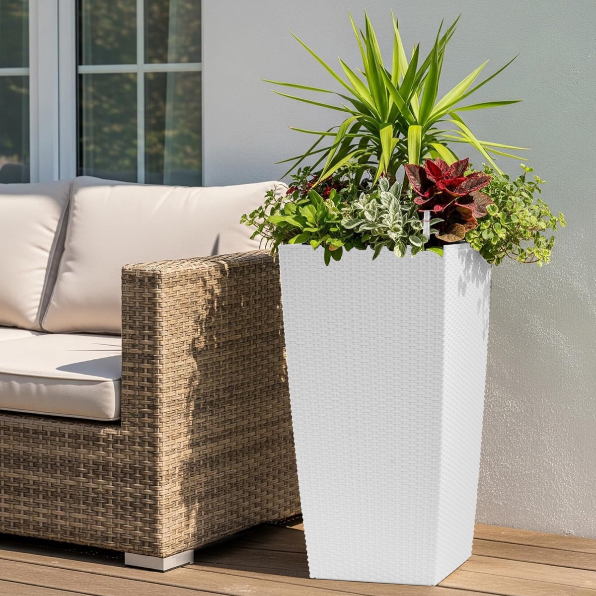 Set of 2 30 Inch Tall Large Flower Pots Self Watering Planters with Drain Holes Water Level Monitor Inner Bucket White