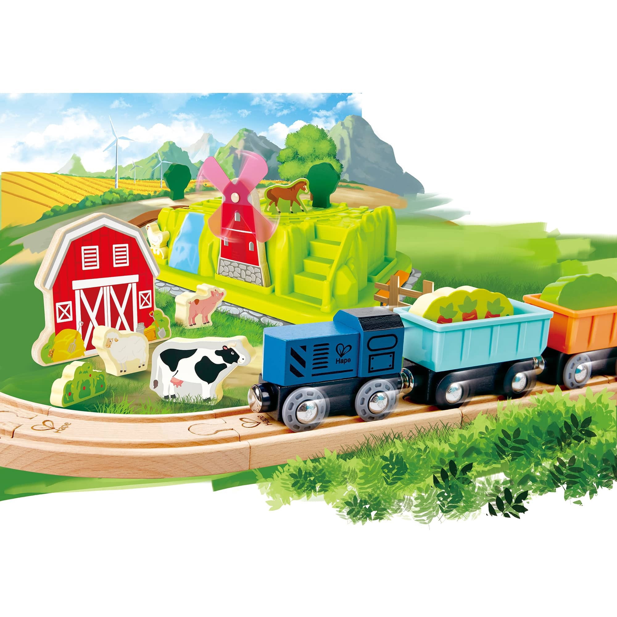 Hape: Farmyard Train Bucket Set - Wooden Train Animal Set, Building Toy, Storage Box, Build A Farm Landscape Around Your Train, Toddlers & Kids Age 3+