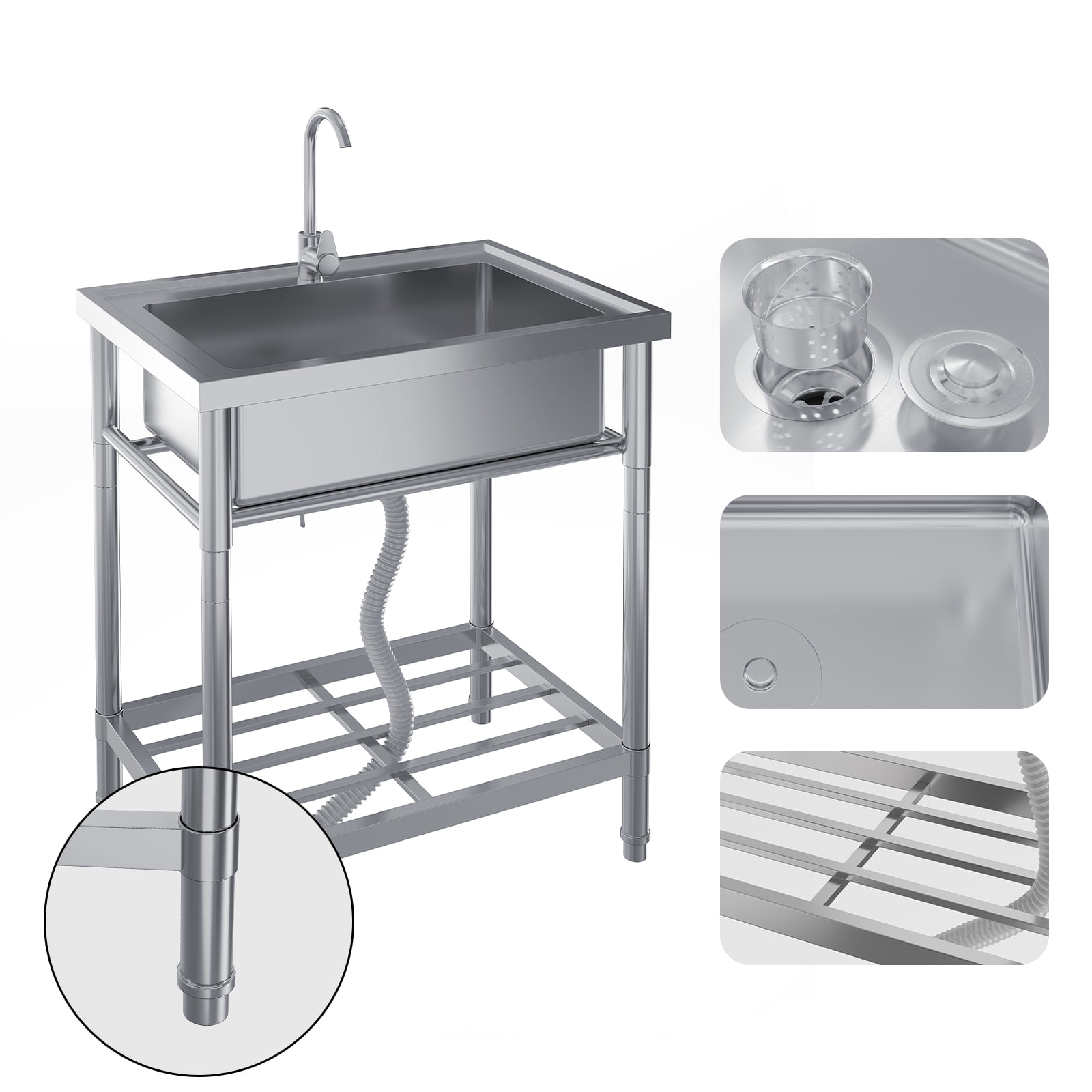 Stainless Steel Utility Sink, 28 Inch Single Bowl Free Standing Sink with Faucet & Hot & Cold Water Plumbing for Laundry Room, Kitchen, Garage, Workshop, Outdoor Use, Deep Basin, Heavy-Duty