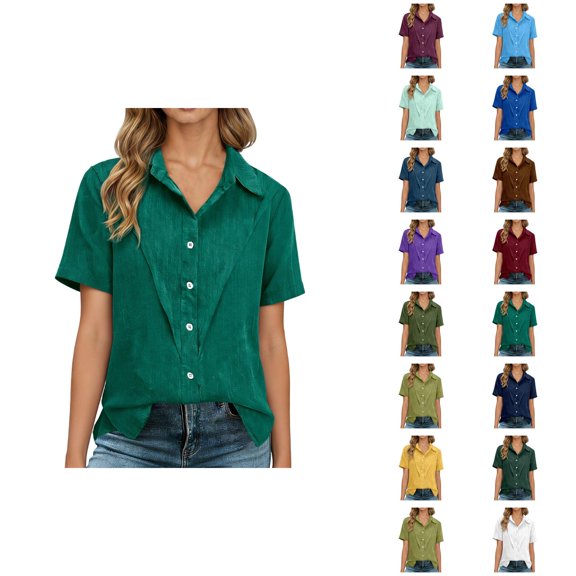 T Shirts for Women 2026 Summer Linen Short Sleeve Button Down Lapel Collared Dressy Casual Office Work Tshirt Blouse