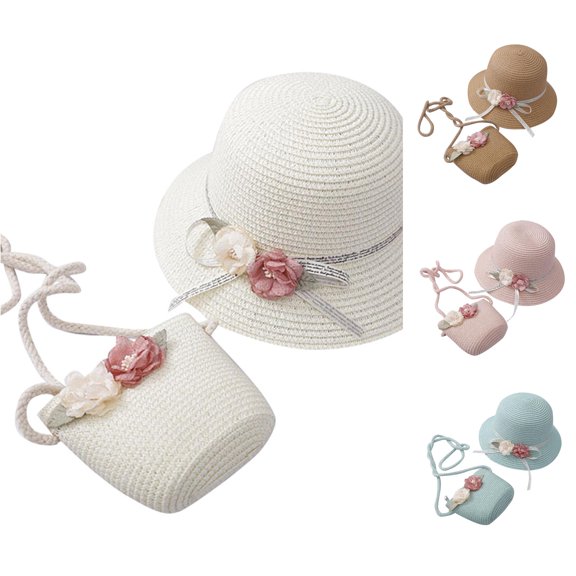 LiuXxxx Girls Straw Sun Hat Set With Flower Bag For Tourism Children Age 27 Baseball Caps White