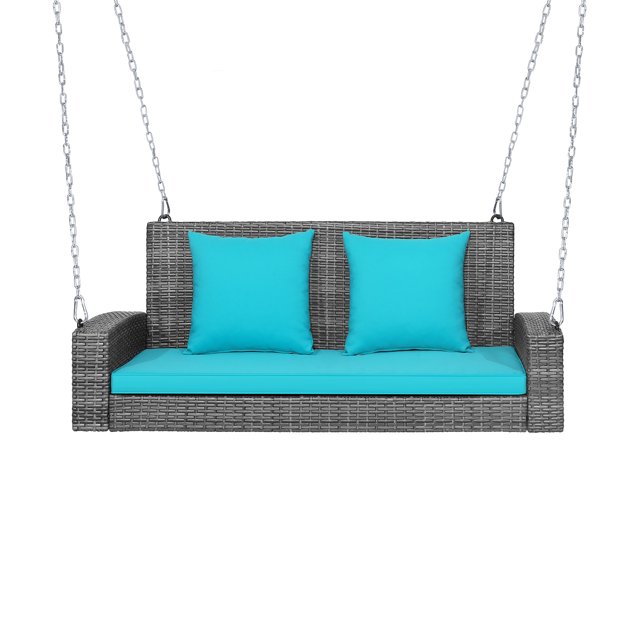 Topbuy Outdoor Wicker Hanging Swing Bench with Cushions and Rustproof Chains, Turquoise
