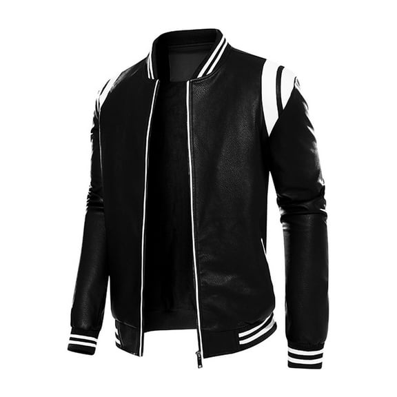 Hontri Men's Fleece Jackets & Coats Men's Autumn&Winter Solid Color Long Sleeved Stand-Up Collar Leather Jacket Black L