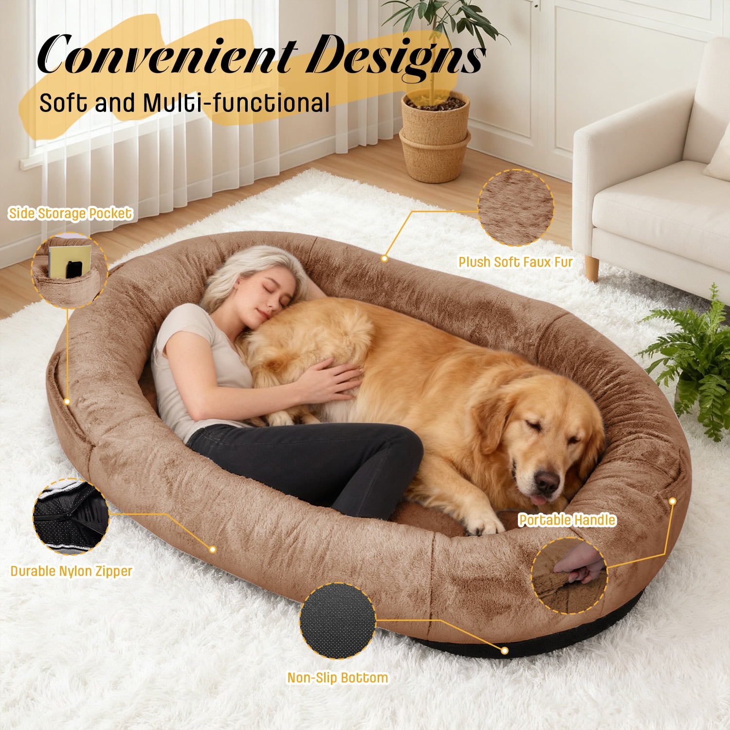 Hidpriva Human Dog Bed for Adults, 71" Extra Large Human-Sized Dog Bed, Washable Faux Fur with Blanket and Pillow,Dark Brown