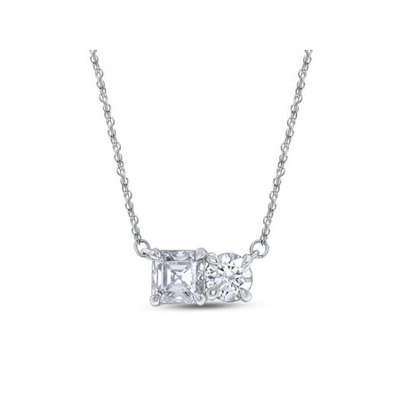 2 1/10CT 6MM Round Shape & 6.5MM Asscher Cut Lab Created Moissanite Diamond 2 Stone Toi Et Moi Pendant Necklace In 14K White Gold Over Sterling With 18" (G-H/VVS1, 2.10 Cttw)