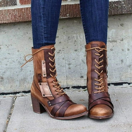 

symoid Womens Booties and Ankle Boots- Shoes Laceing Mid Heel Rivets Zipper Fashion Shoes Mid Leather Boots Brown 41