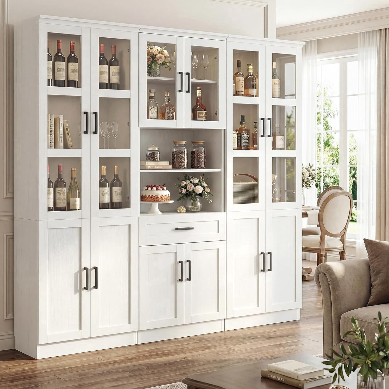 Homieasy 79.7'' Tall Pantry Cabinet 3-Piece Set - 70.8'' Width Kitchen Hutch Cabinet with Drawer and Adjustable Shelves, Suitable for Dining/Kitchen/Living Room, Off-White