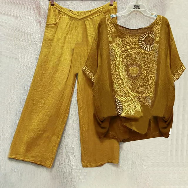 Ensembles pour Femmes 2 Pcs Tenues Imprimées Col Rond Manches Courtes Pull + Pantalon Ensemble 2 Pcs en Liquidation