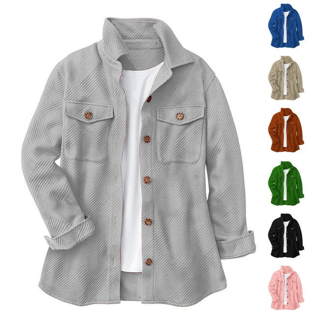 Tranfacy Manteaux d'Hiver pour Femmes, Manteaux en Molleton pour Femmes, Veste-Chemise à Col à Revers à Manches Longues Unie Texturée avec Poche Poitrine