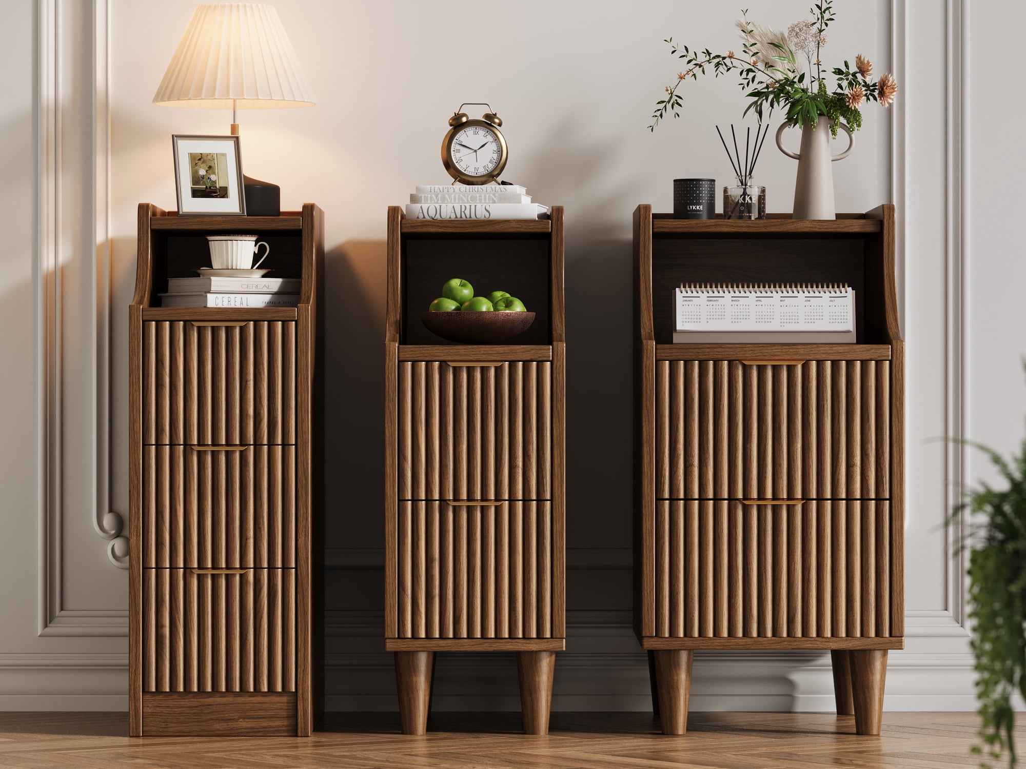 UGTOO Walnut Nightstand Pair – Slim 3-Drawer Bedside Tables with Open Compartment, Gold Accents (15.7"W x 23.6"H)