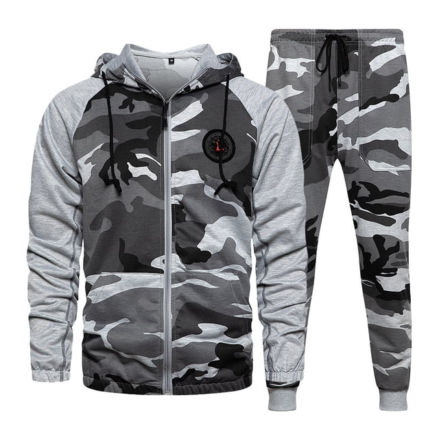 Conjunto deportivo y de ocio para hombre de talla grande de otoño e invierno, conjunto de dos piezas, conjunto de cárdigan de camuflaje con capucha empalmada para hombre