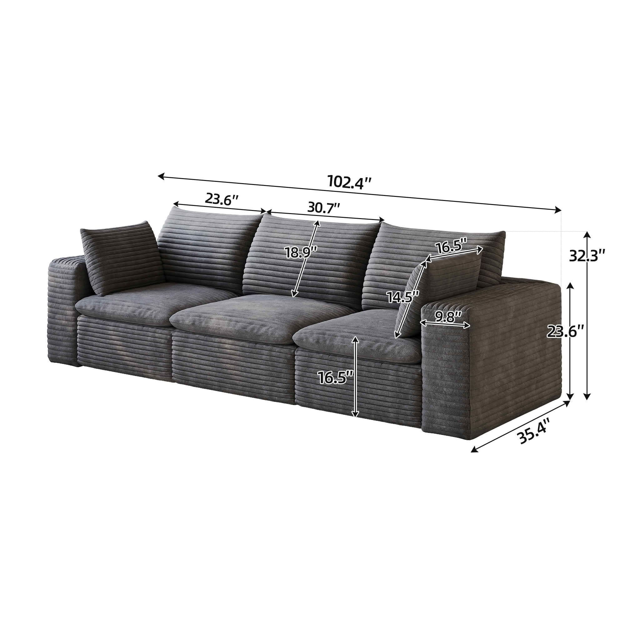MAYEERTY 102" Corduroy Cloud Sofa, Modular Deep Seat Couch with Removable Cushion & Double-layer Structure, No Assembly Leisure Sofa for Home & Office