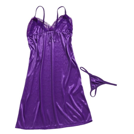 

OVTICZA Sexy Lingerie for Women Chemise Bow Babydoll Lace with Thong Nightdress Satin Teddy Purple One Size