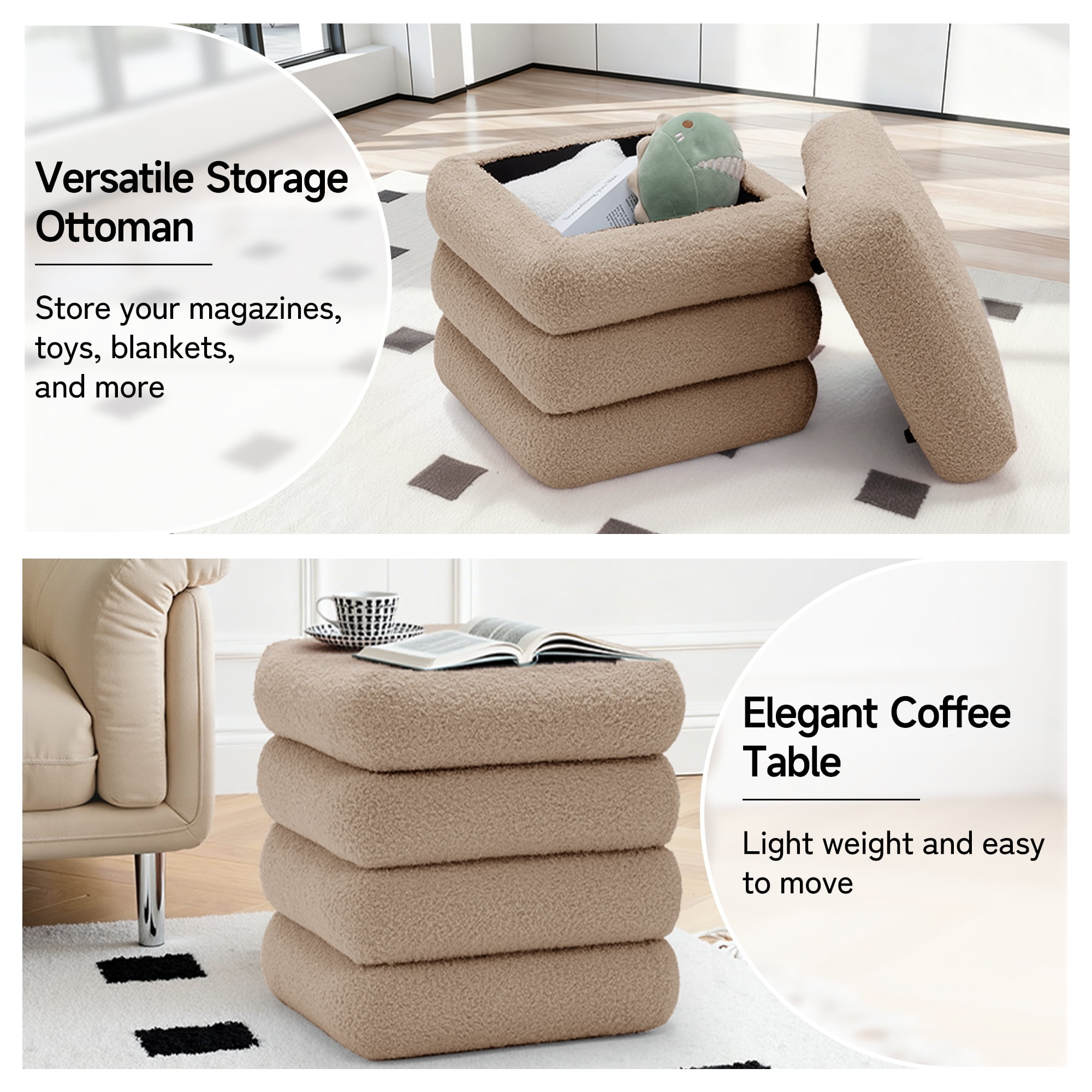 Korser Square Ottoman with Storage Set of 2,Upholstered Teddy Vanity Stool for Living Room,Bedroom,Khaki