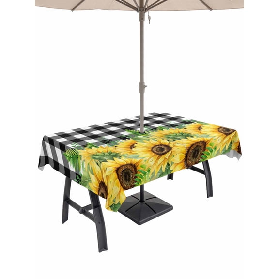 Outdoor Tablecloth with Umbrella Hole for Patio/Picnic/Party/Camping, Summer Sunflowers Waterproof Table Cloth Rectangle Table Cover Washable, Rustic Botanical Flowers Black Plaid (52"x 70")