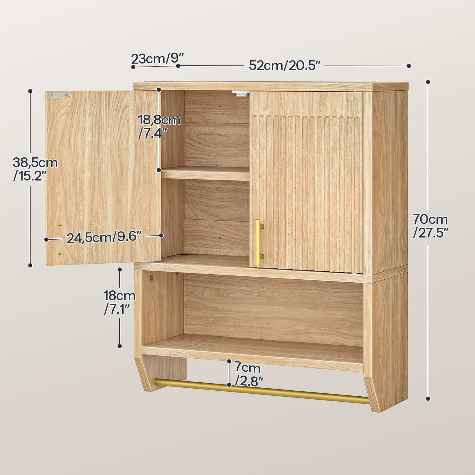 Fluted Medicine Cabinet, Farmhouse Bathroom Wall Cabinet with Towel Rack and Adjustable Shelf, Fluted Wall-Mounted Storage Organizer, for Bathroom, Kitchen, Natural,NL235CW01