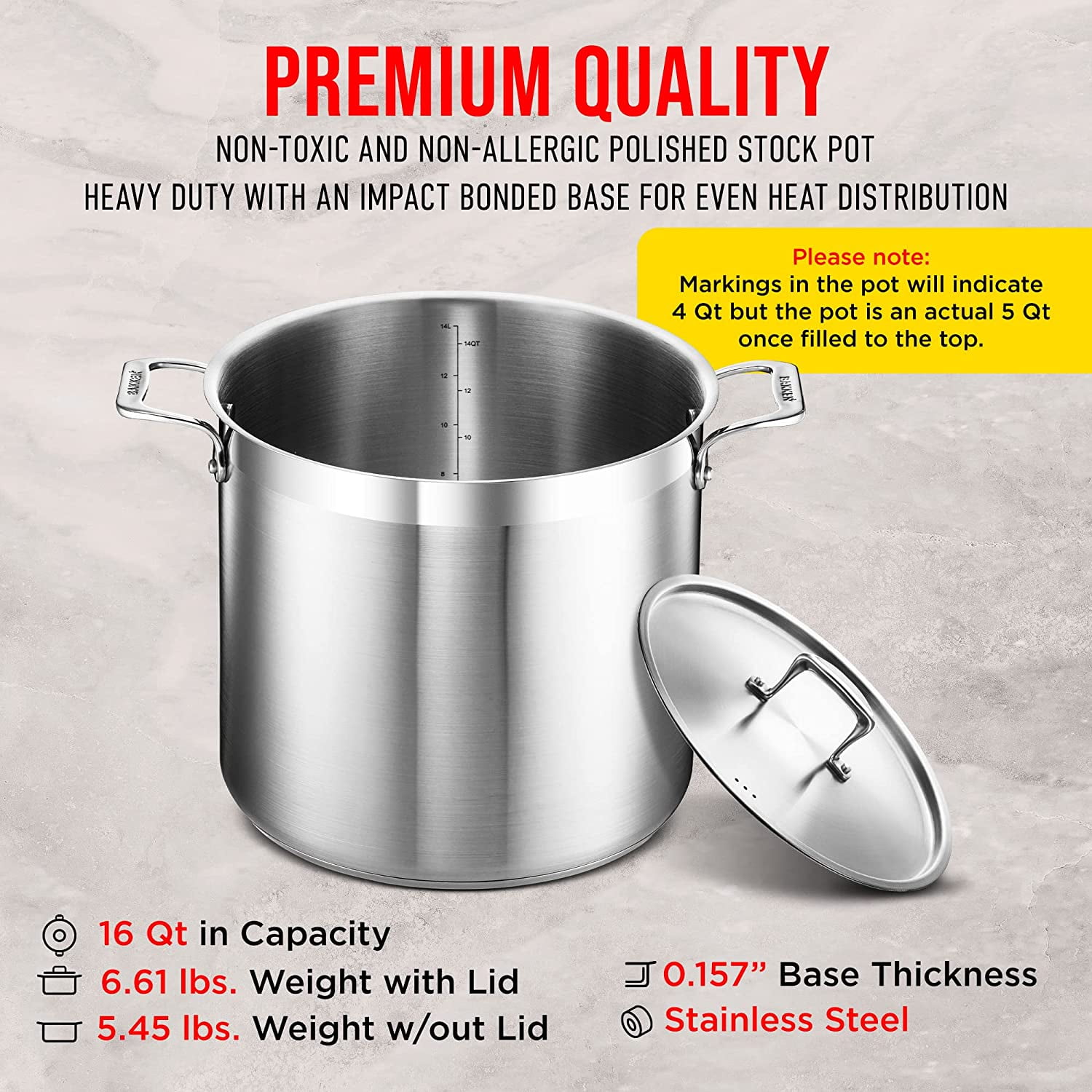 D5 Stainless Polished 5-ply Bonded Cookware, Stockpot with lid, 12 quart