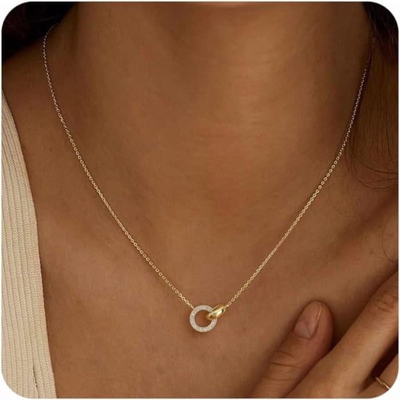Gold Necklace for Women, Dainty 14K Gold Plated Pendant Necklaces for Women Trendy Simple Choker Chain Cubic Zirconia Circle/Interlocking/Sun Necklace Fashion Jewelry Birthday Christmas Gift