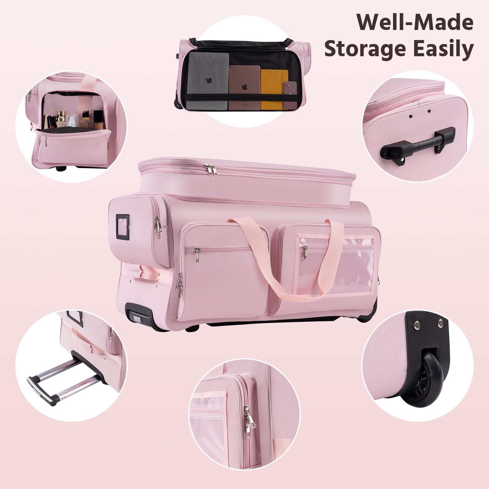 Dance Bag with Garment Rack,28" Pink Clothes Rolling Duffel Dance Bag with Rack Dance Costumes Garment Bags For Travel, Garment Duffle Bag For Dance Competition Travel Bag with Garment Rack