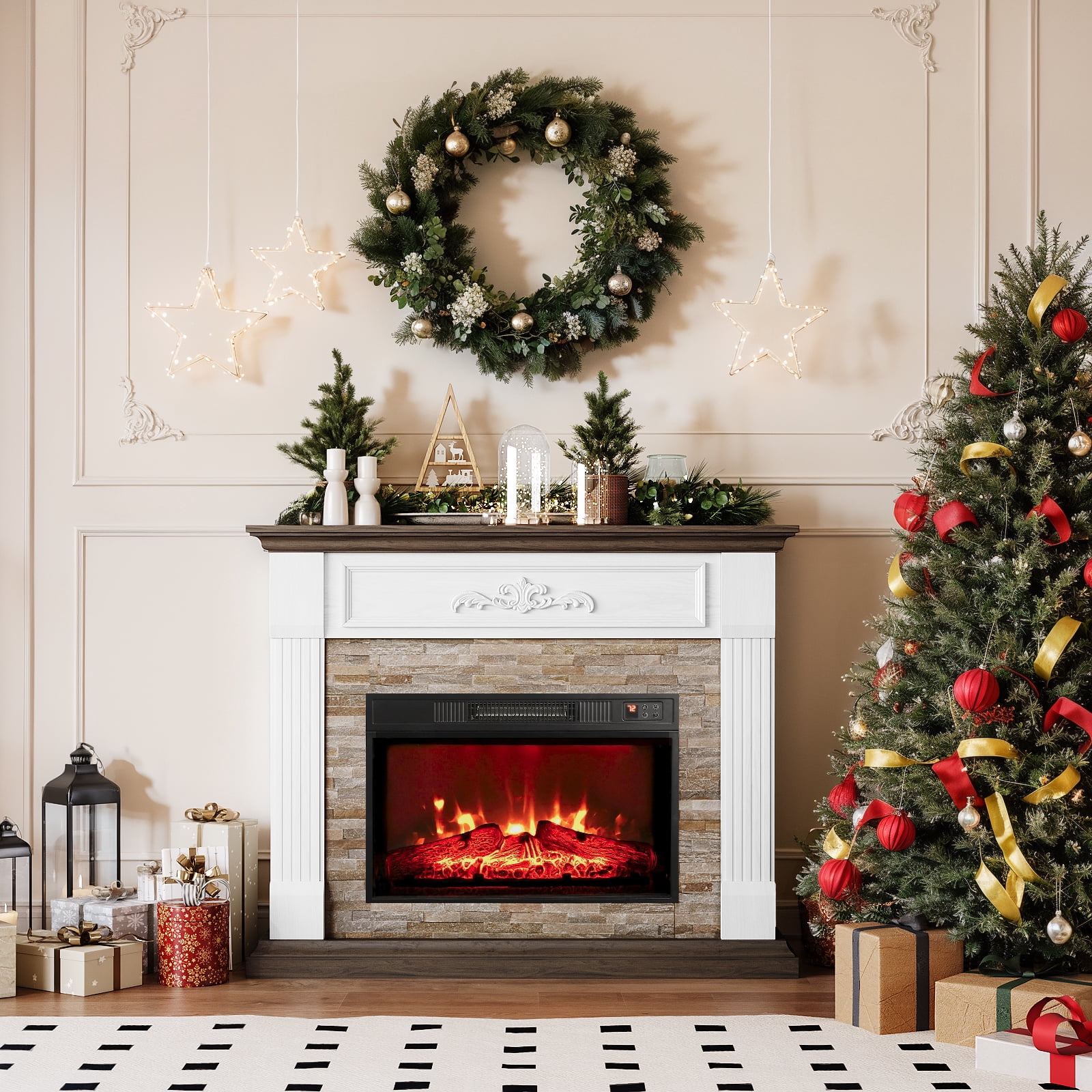 44"L Electric Fireplace Mantel Wooden Surround Firebox, Free Standing Fireplace, with Remote Control, Adjustable LED Flame