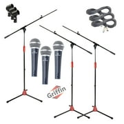 Griffin Microphone Boom Stand & Cardioid Wired Mic, XLR Cable, & Clip (Pack of 3) Telescoping Arm Holder, Tripod Legs Karaoke Vocal Singing Microphone Home Recording Studio Streaming Accessories
