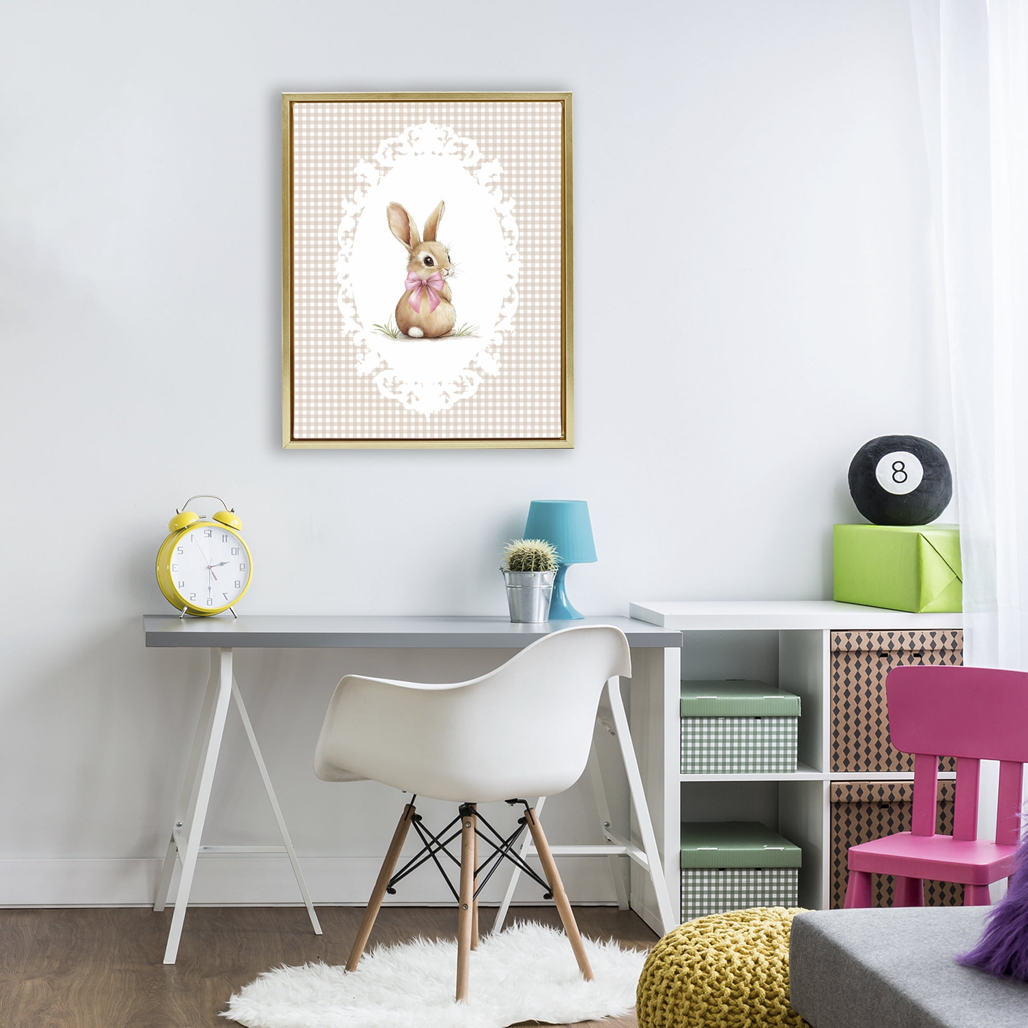 Stupell Industries Vintage Bow & Gingham Bunny Gold Framed Floater Canvas Wall Art, design by Christine Simpson Art