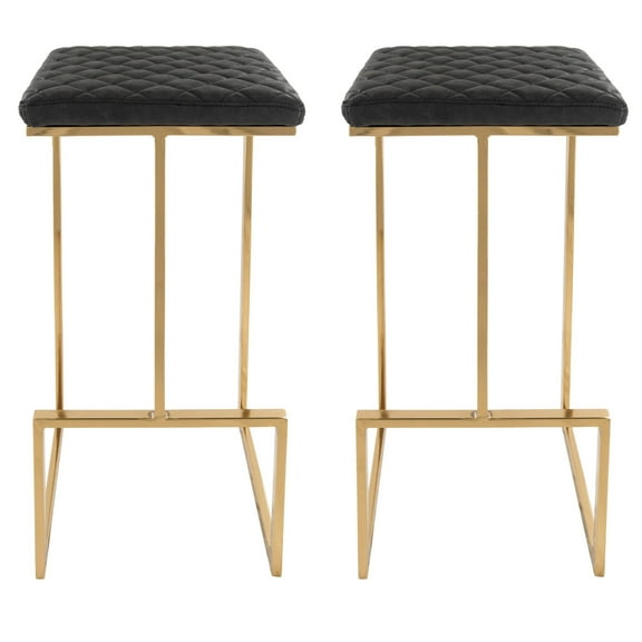 LeisureMod Quincy Stitched Leather Gold Metal Bar Stools - Modern, Comfortable, and Durable Bar Seating for Kitchen, Home Bar, and Dining Areas in Charcoal Black Set of 2
